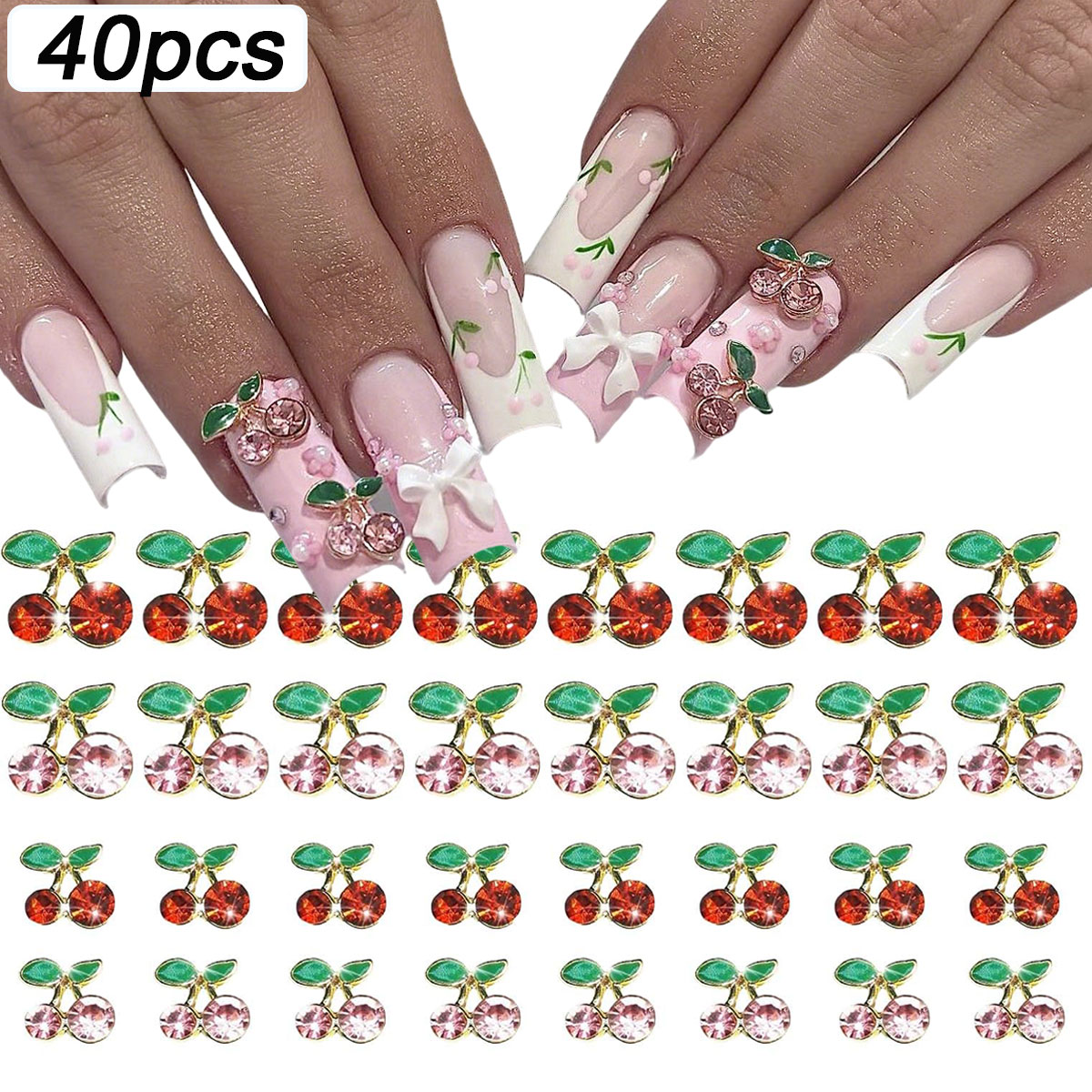 Nail Art Red Cherry - 40 stuks 3D glanzende roze &