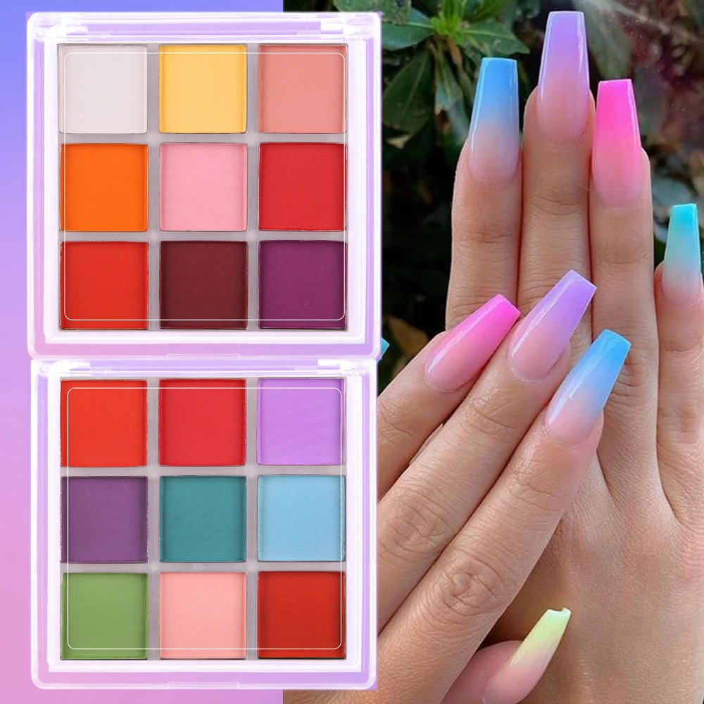 Nail Art Ombre Glitter - 9-kleuren nagelpigmentpalet effen magische spiegelpoederset ombre