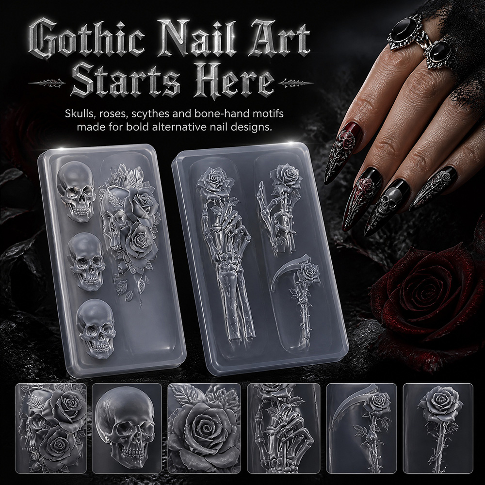 Nail Art Vintage - 2-delige set donkerroze schedel siliconen nagelkunstmal