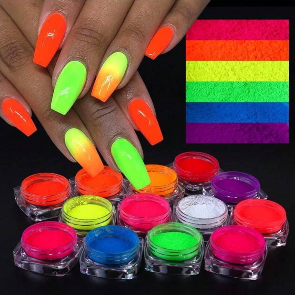 Nail Art Ombre Glitter - 1Set Kleurrijke Neon Fosfor Pigment Poeder