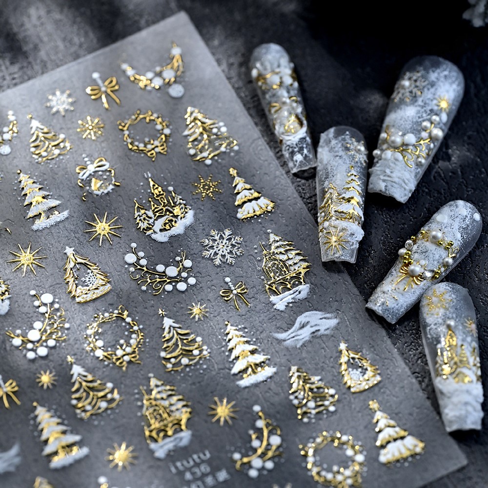 Nail Art Xmas Design - 5D reliëf gouden kasteel/slinger/kerstboom nagelstickers witte
