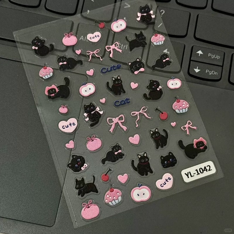 Nail Art Vintage - Schattig cartoon strik zwart kat 3D